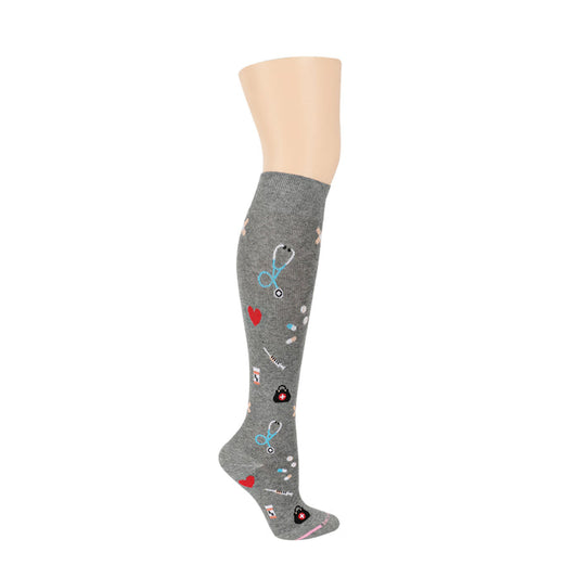 Knee-high compression socks in gray with medical-themed patterns, including hearts and stethoscopes.