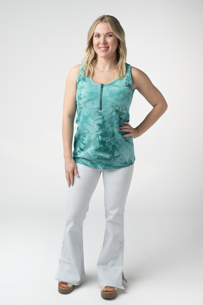 Mila Zipper Tank - Teal Tie Dye