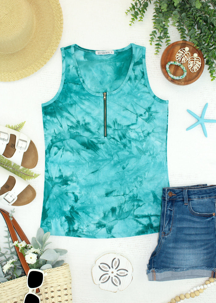 Mila Zipper Tank - Teal Tie Dye