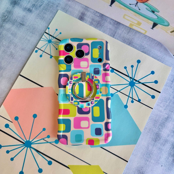 Trendy wavy iPhone case featuring a teal, pink, and lime green Mid-Century Modern geometric pattern with a high-gloss finish.