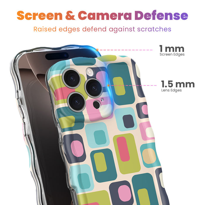 Trendy wavy iPhone case featuring a teal, pink, and lime green Mid-Century Modern geometric pattern with a high-gloss finish.