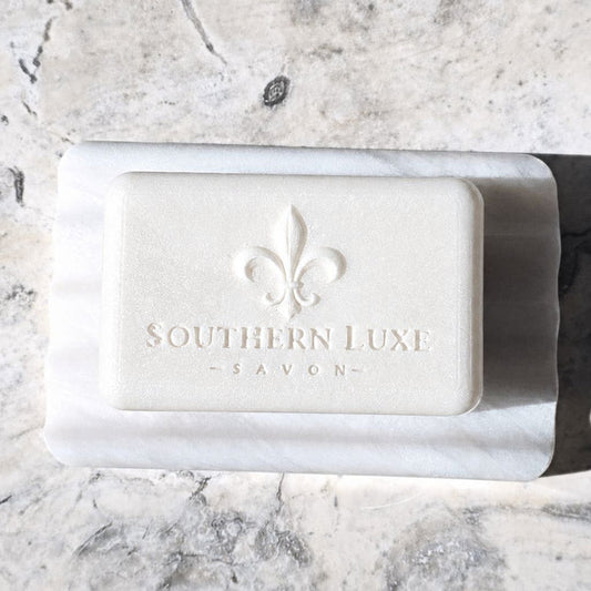 Moonlit Tryst handcrafted shimmering white bath bar with tussah silk, argan oil, and floral fragrance by Southern Luxe Savon