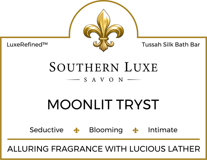 Moonlit Tryst 8.5 oz Tussah silk luxury natural bath bar label by Southern Luxe Savon with white floral musk fragrance