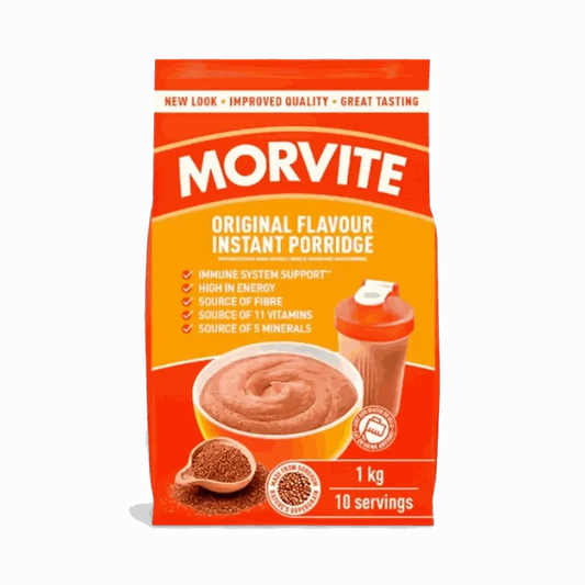 Morvite Original Flavour Instant Porridge 1kg pack with bowl of porridge and shaker, high energy and immune support, made from sorghum
