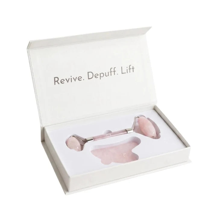 Natural Rose Quartz Gua Sha & Roller Set for Facial Sculpting & Glow