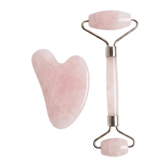 Natural Rose Quartz Gua Sha & Roller Set for Facial Sculpting & Glow