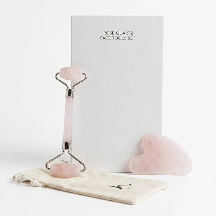Natural Rose Quartz Gua Sha & Roller Set for Facial Sculpting & Glow