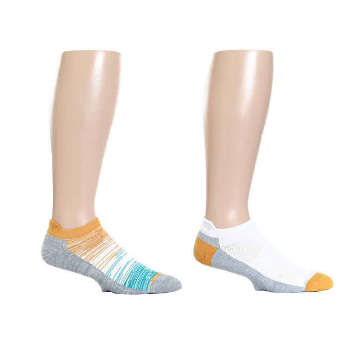 Ankle compression socks in two styles: one with orange and teal stripes, the other in white and gray.
