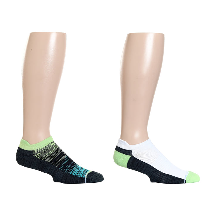 Ankle compression socks in two styles: one with a green and blue pattern, the other in white with green accents.