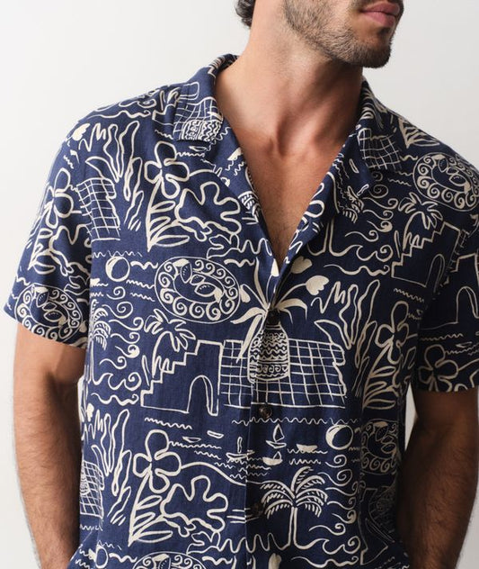 Pablo Tencel Linen Resort Shirt Navy/White Island Motif
