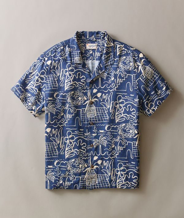 Pablo Tencel Linen Resort Shirt Navy/White Island Motif
