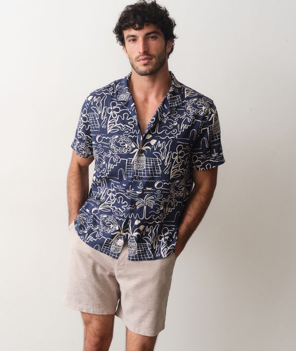 Pablo Tencel Linen Resort Shirt Navy/White Island Motif
