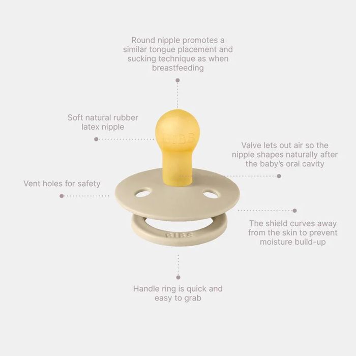Baby pacifier with text explaining its features on a white background
