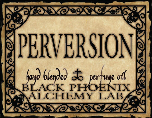 Label for 'Perversion' perfume oil by Black Phoenix Alchemy Lab with decorative border and text.