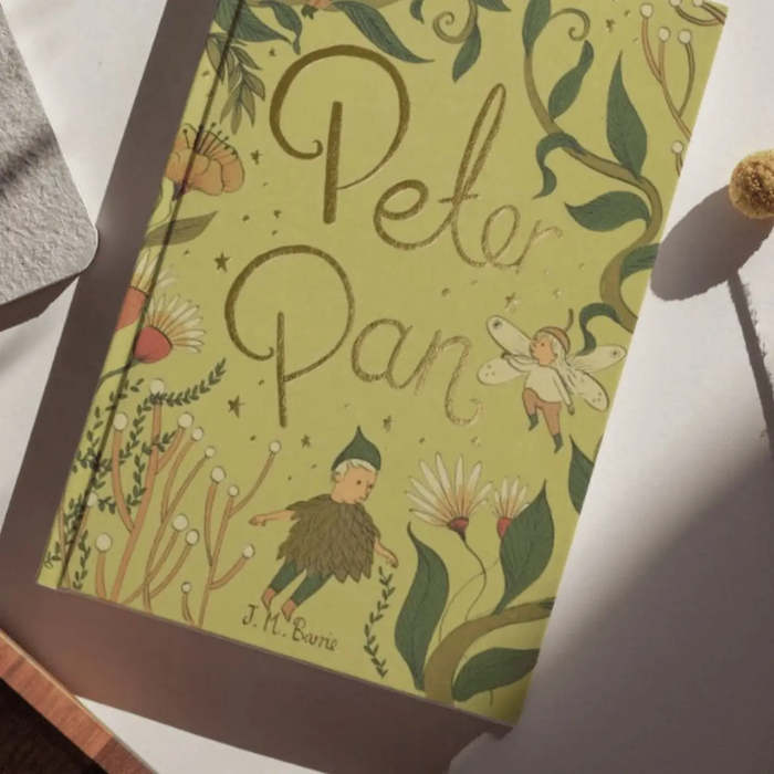 Close up shot of the book 'Peter Pan' on a white desk