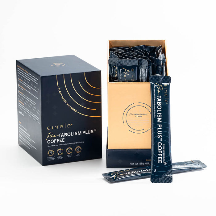 eimele Pro-Tabolism Plus Coffee box open, showing contents. Functional coffee blend with nutrients and vitamins.