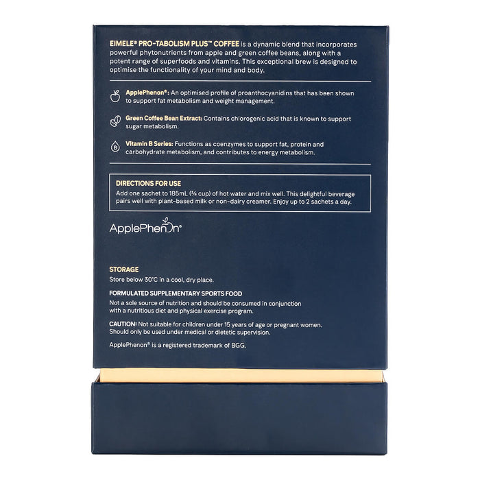 Side of eimele Pro-Tabolism Plus Coffee box, showing benefits and directions.