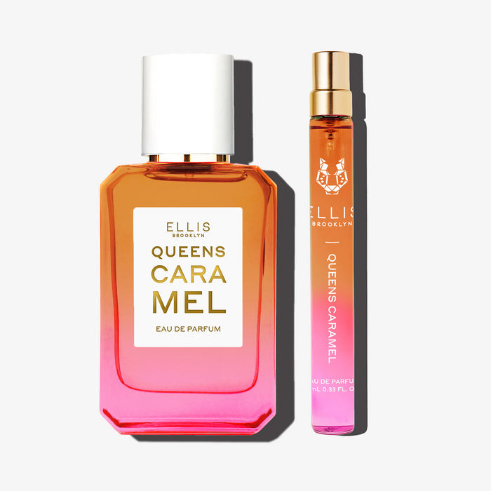 Queens Caramel 50ml Eau De Parfum and Queens Caramel 10ml Eau De Parfum Travel Spray on white background.