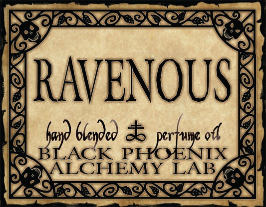 Label for 'Ravenous' hand blended perfume oil by Black Phoenix Alchemy Lab with decorative border.