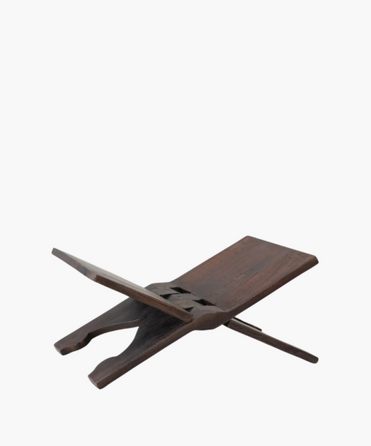 Wooden book stand with an X-shaped base and two flat panels open at an angle. The dark wood has a smooth texture and rustic appearance. | S.W. Home