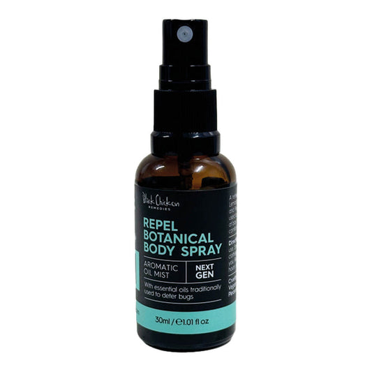 30ml brown glass spray bottle with black cap labeled 'Repel Botanical Body Spray' on a white background.