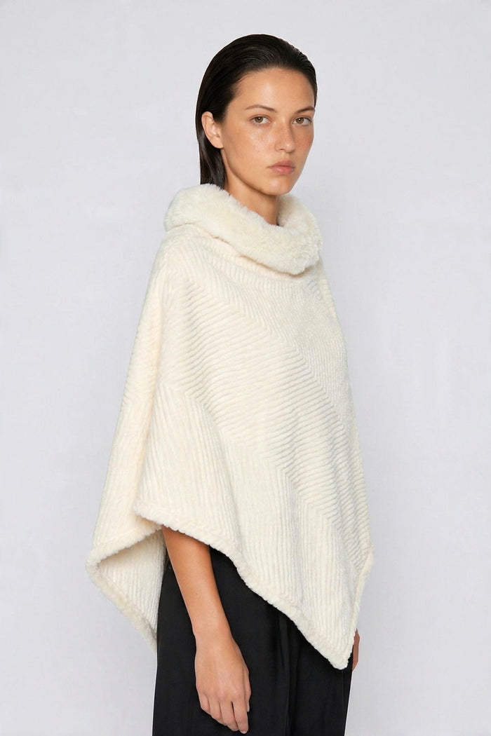 Ribbed Faux Fur Collar Knit Poncho wholesale - image 2