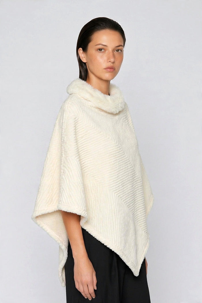 Ribbed Faux Fur Collar Knit Poncho wholesale - image 3