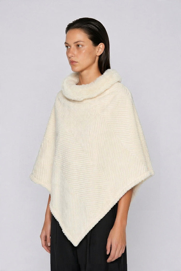 Ribbed Faux Fur Collar Knit Poncho wholesale - image 4