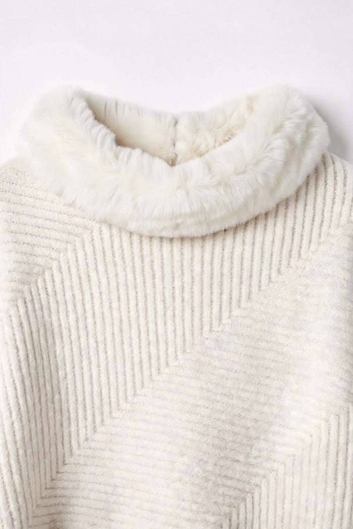 Ribbed Faux Fur Collar Knit Poncho wholesale - image 5