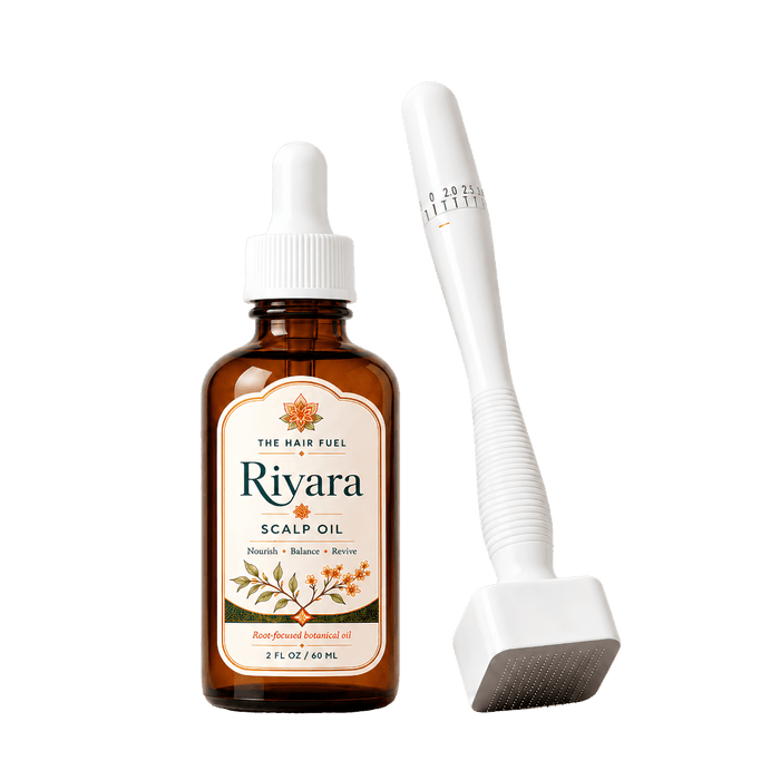 Riyara scalp oil bottle with a white tool on a white background