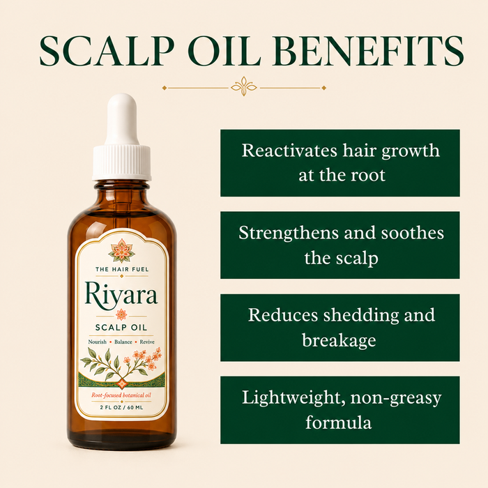 Riyara scalp oil bottle on a bathroom counter with flowers and towels in the background