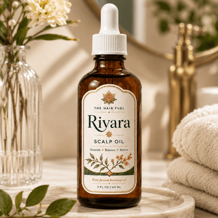 Riyara scalp oil bottle on a bathroom counter with flowers and towels in the background