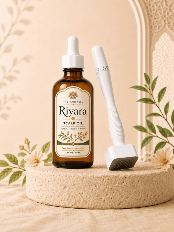 Riyara scalp oil bottle and brush on a beige surface with floral decorations