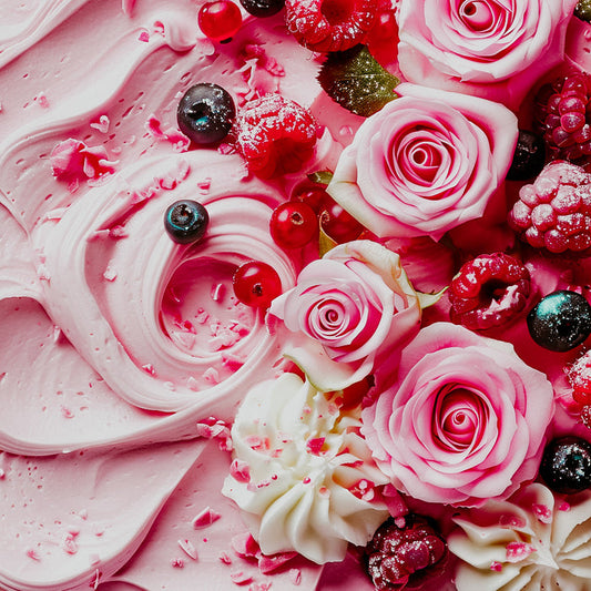 An image pink creme with pieces of berries and rose petals, evoking the scent of rose, berries, and pastries.