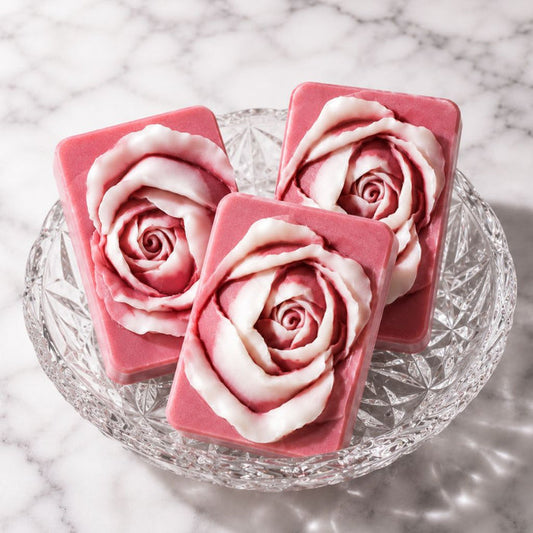 Three Rose Noir Silk rose-shaped guest soaps in white and bright rose handcrafted with tussah silk by Southern Luxe Savon