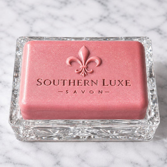 Rose Noir Silk luxury bath bar in a crystal soap dish handcrafted with tussah silk and rose clay by Southern Luxe Savon