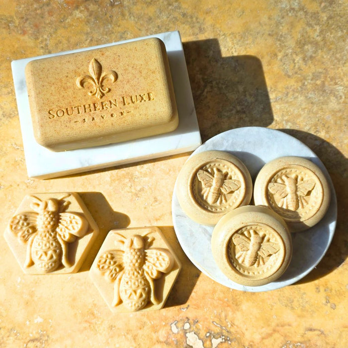 Royal Miel luxury honey bath bar with handcrafted Queen Bee guest soaps by Southern Luxe Savon with raw Manuka honey