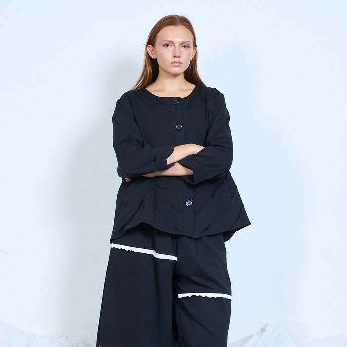 Ruffle detail button blouse with patch pockets wholesale