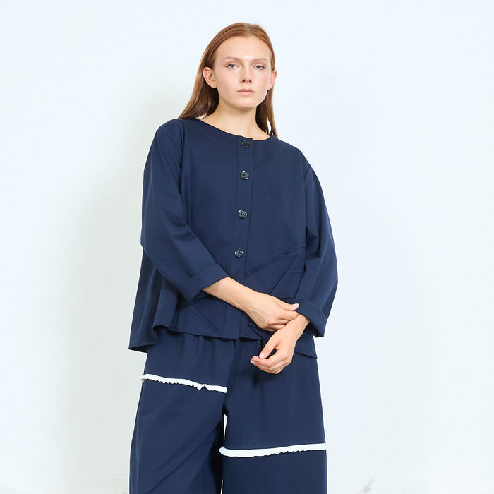 Ruffle detail button blouse with patch pockets wholesale