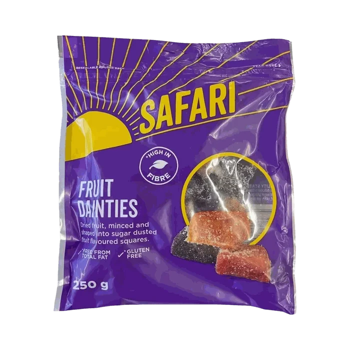 Safari Fruit Dainties 250g pack of gluten-free dried fruit sugar-coated squares with mixed flavors