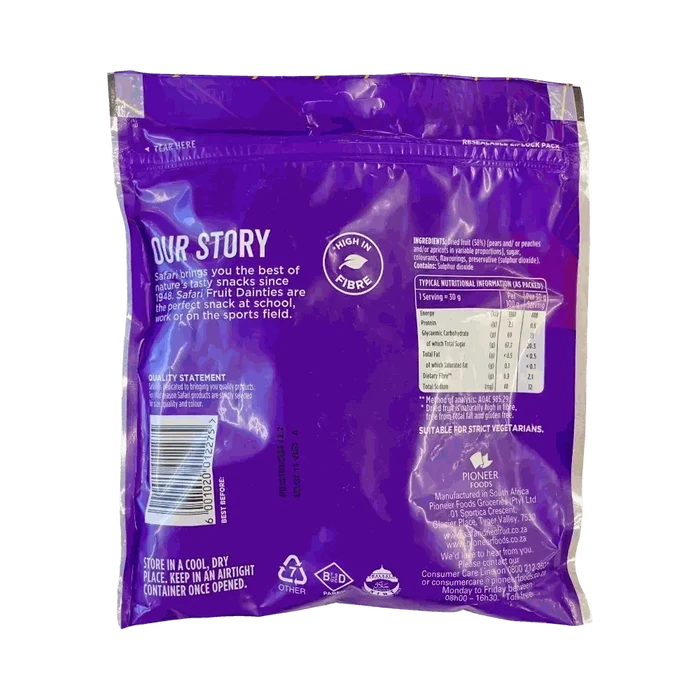Purple packaging of Safari Fruit Dainties Squares 250g snack with nutritional info and storage instructions