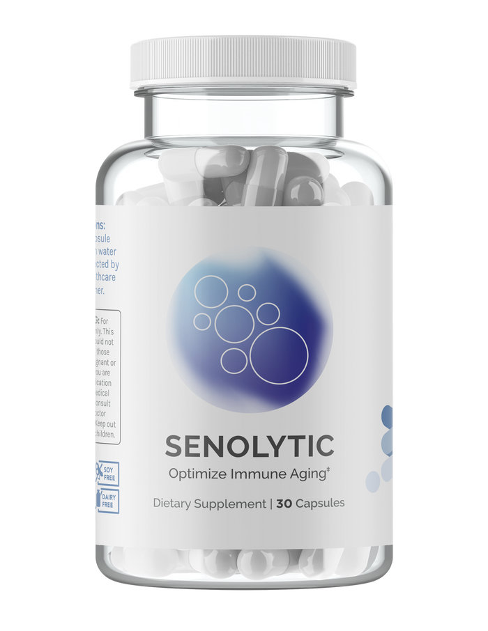 Infiniwell Senolytic optimize immune aging dietary supplement bottle with 30 capsules on transparent background