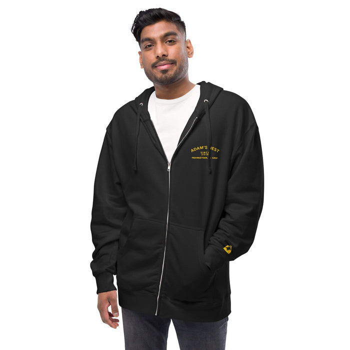 Adam's Nest Provincetown SINCE 2016 zipfront black hoodie on model