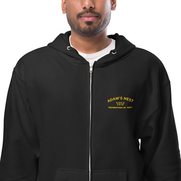 Adam's Nest Provincetown SINCE 2016 zipfront black hoodie chest detail