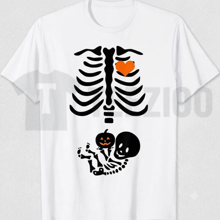 Skeleton Baby Rib Cage Maternity Funny Halloween Pregnant Pumpkin Graphic T-Shirt