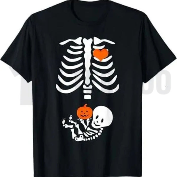 Skeleton Baby Rib Cage Maternity Funny Halloween Pregnant Pumpkin Graphic T-Shirt