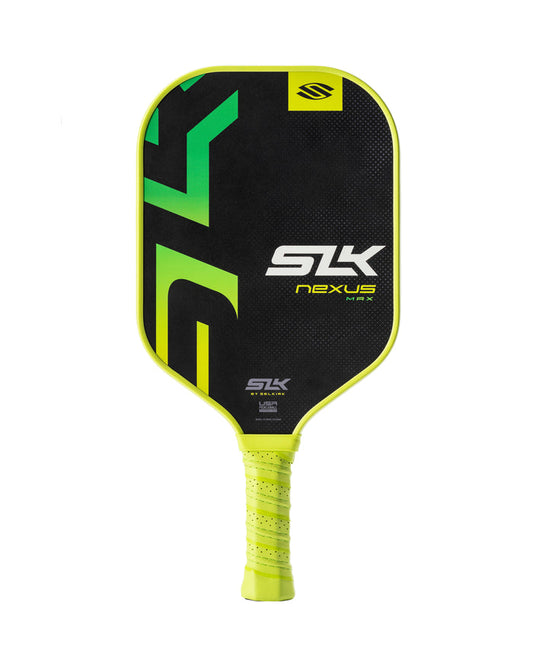 Black and neon-green pickleball paddle with wrapped neon handle; SLK logo, nexus MAX branding, yellow S emblem.