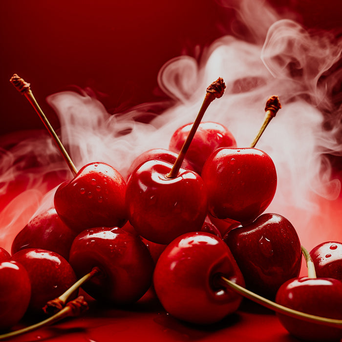 A bunch of red cherries with smoke coming from them, set against a red background, representing the fragrance oil.
