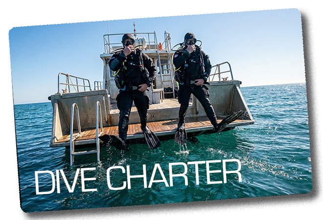 Two divers on a boat with 'Dive Charter' text overlay.
