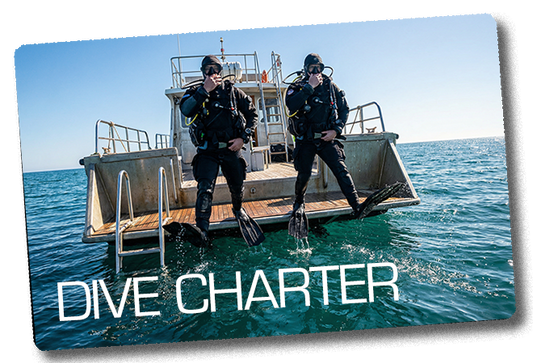 Two divers on a boat with 'Dive Charter' text overlay.